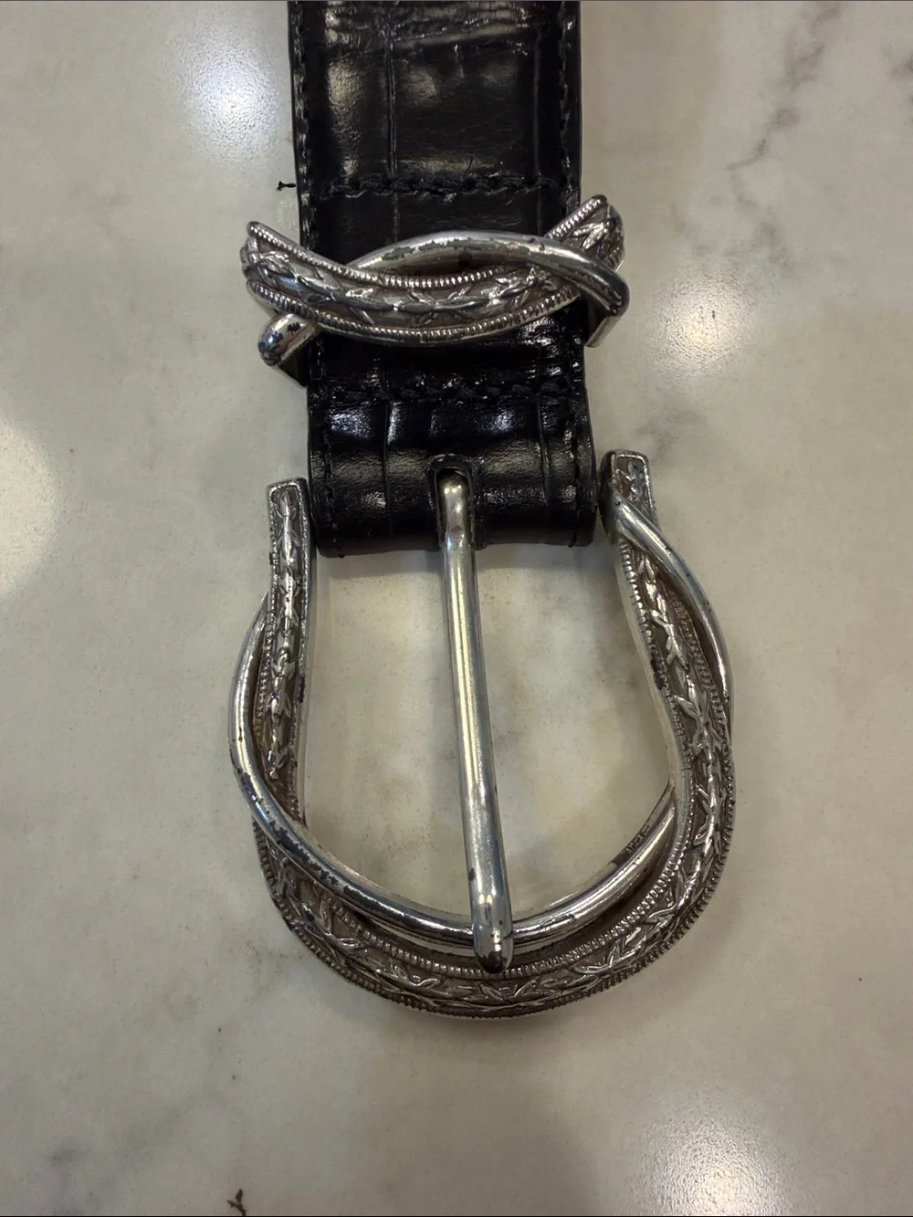 Brighton Womens Belt Black Croc Embossed Leather w Silver Barb Wire Buckle  L 34